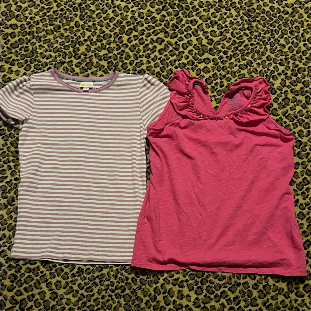 Mini Boden Girls Size 9-10 Purple Stripe Tee & Hot Pink Ruffle Tank Set